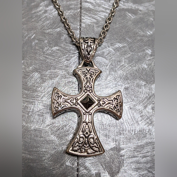 Men's Maltese Gothic cross solid stainless steel black crystal 20" chain 3D nice - Picture 3 of 4